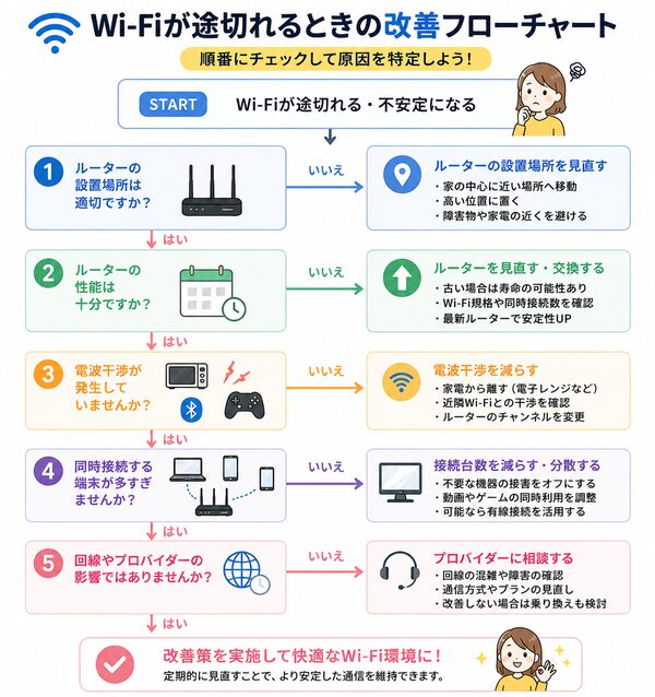 Wi-Fiが途切れるときの改善フローチャート