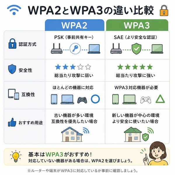 WPA2とWPA3の違い比較図(認証方式・安全性・互換性・おすすめ用途)
