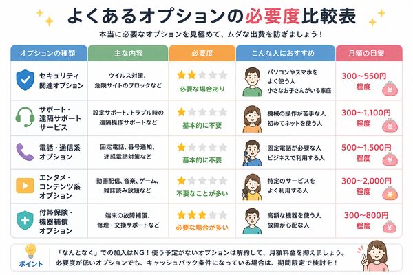 よくあるオプションの必要度比較表(セキュリティ・サポート・電話・エンタメ・機器補償)