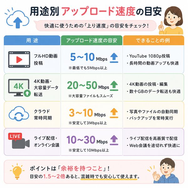 用途別アップロード速度の目安早見表
