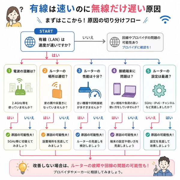 有線は速いのに無線だけ遅い原因の切り分けフロー