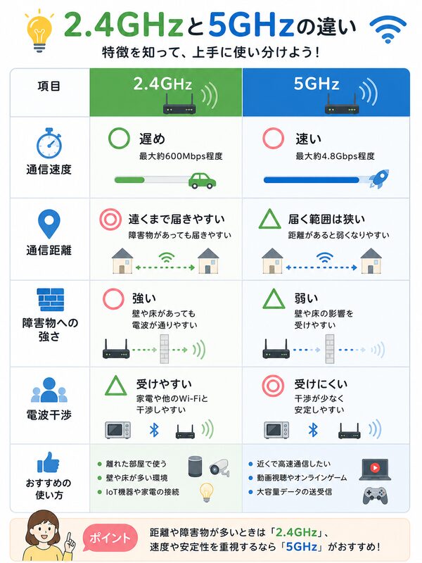 2.4GHzと5GHzの違い比較表（速度・距離・障害物への強さ）