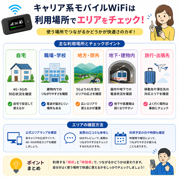 キャリア系モバイルWiFiは利用場所でエリアをチェック