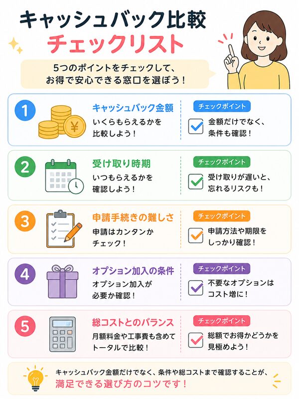 キャッシュバック比較チェックリスト(金額・受取時期・申請・オプション・総コスト)