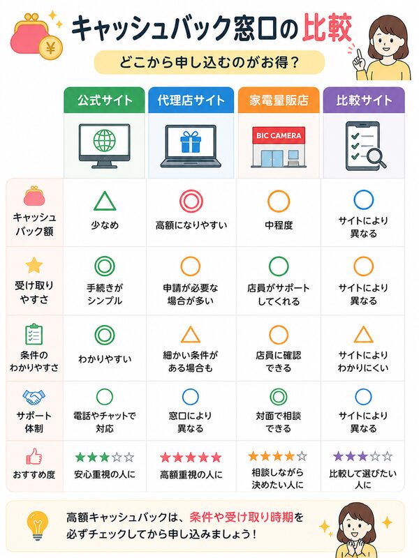 キャッシュバック窓口の比較表(公式・代理店・家電量販店・比較サイト)