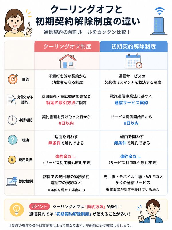 クーリングオフ・初期契約解除制度の違い比較図
