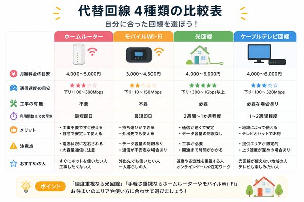 代替回線4種類の比較表(ホームルーター・モバイルWi-Fi・光回線・ケーブルテレビ)