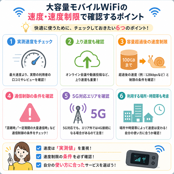大容量モバイルWiFiの速度・速度制限で確認するポイント