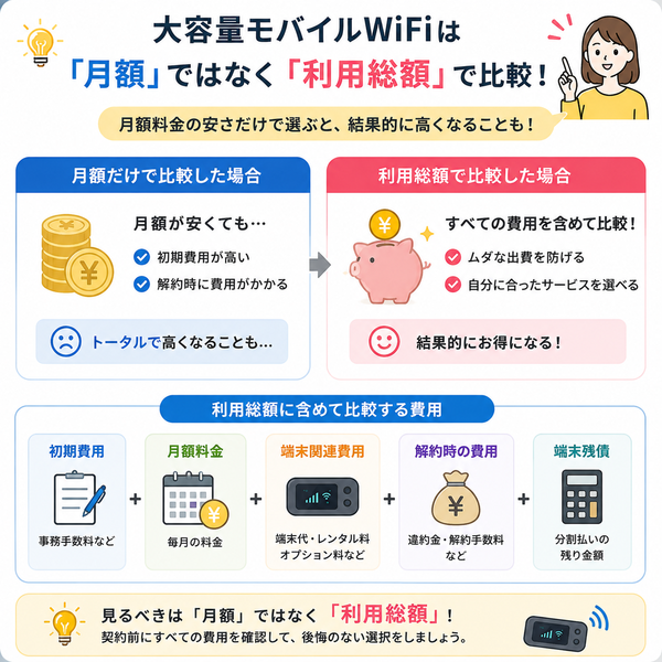 大容量モバイルWiFiは「月額」ではなく「利用総額」で比較