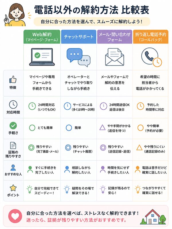電話以外の解約方法比較図(Web・チャット・メール・コールバック)