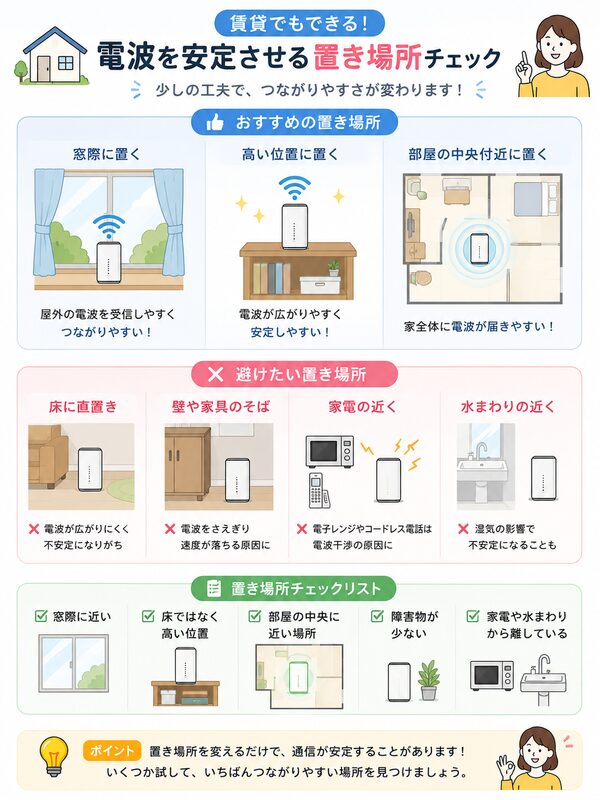 賃貸で電波を安定させる置き場所チェック図(窓際・床置き・障害物)