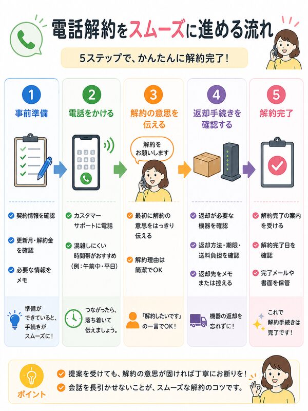 電話解約をスムーズに進める流れ(事前準備→電話→解約意思→返却→完了)
