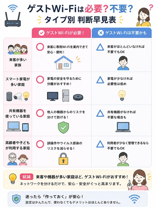 ゲストWi-Fiは必要?不要?判断早見表(タイプ別比較図)