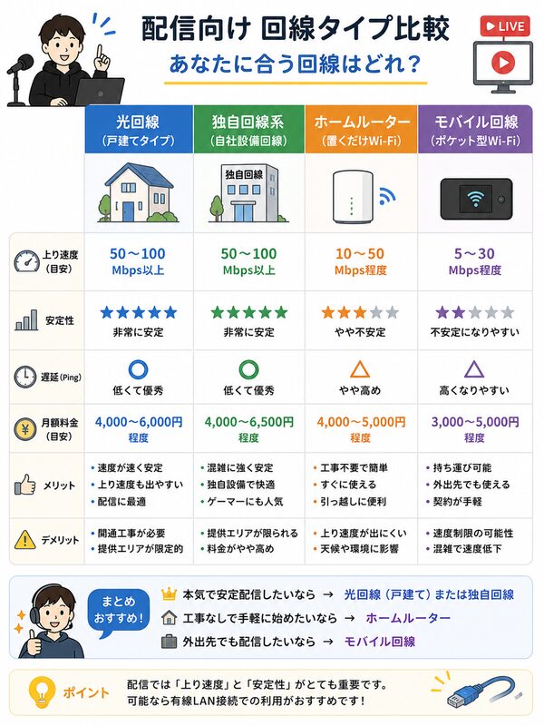 配信向け回線タイプ比較(光回線・独自回線・ホームルーター・モバイル回線)