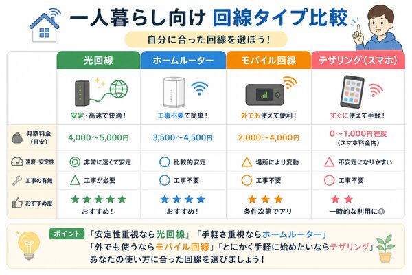 一人暮らし向け回線タイプ比較(光回線・ホームルーター・モバイル回線・テザリング)