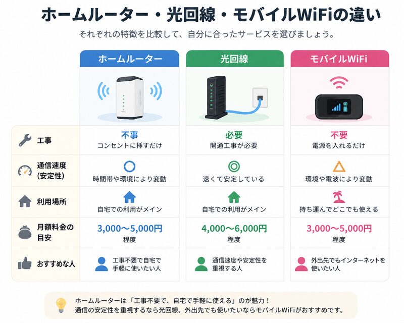 ホームルーター・光回線・モバイルWiFiの違い