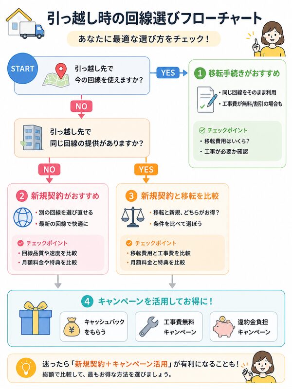 引っ越し時の回線選びフローチャート(移転・新規契約・キャンペーン活用)