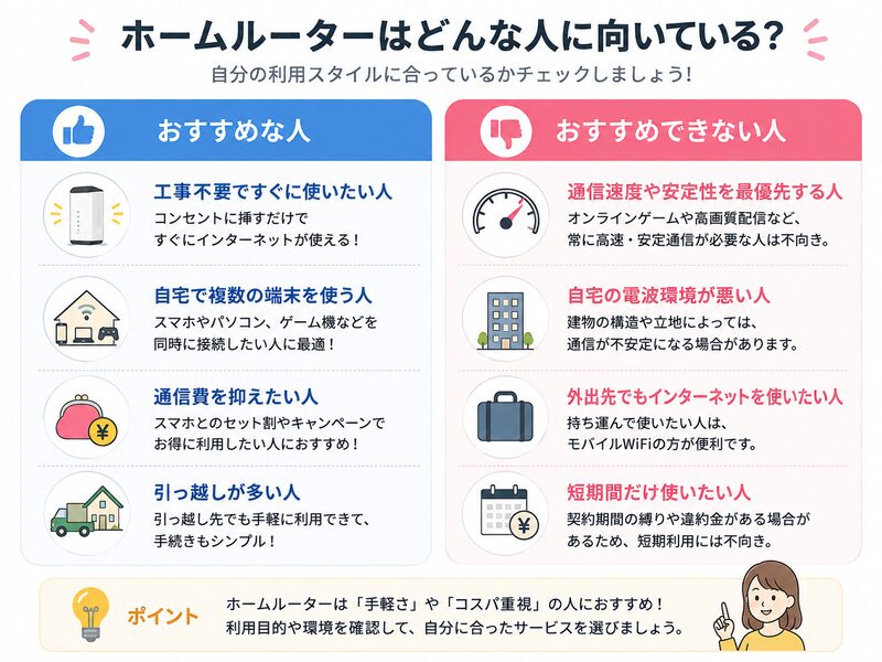 ホームルーターがおすすめな人・おすすめできない人比較