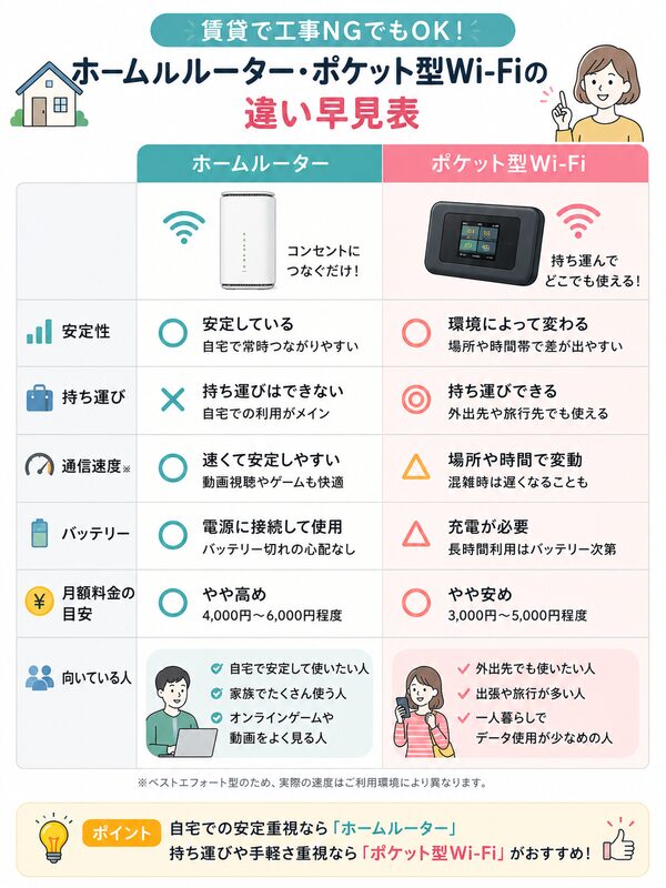 ホームルーター・ポケット型Wi-Fiの違い早見表(安定性・持ち運び・向いている人)