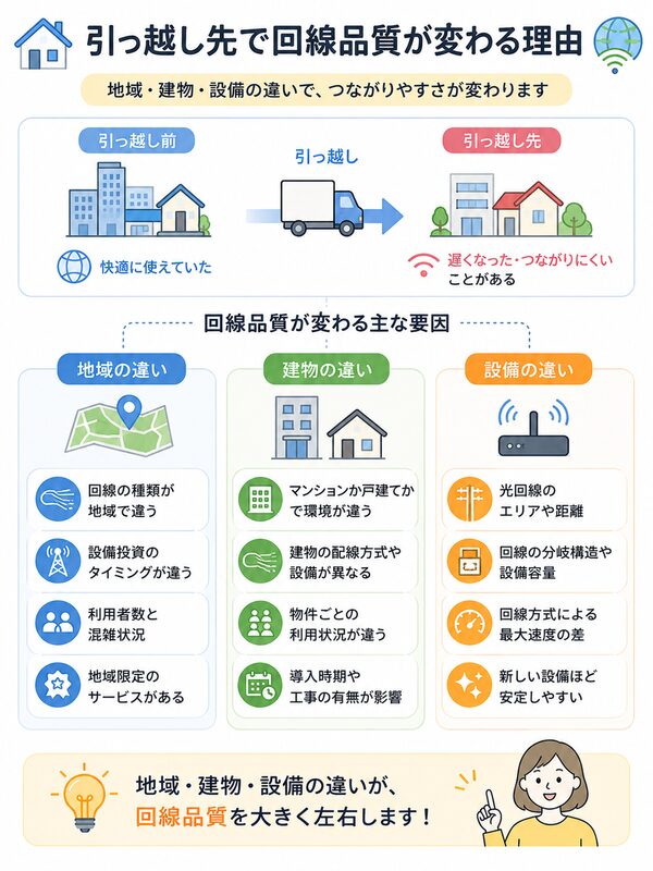 引っ越し先で回線品質が変わる理由(地域・建物・設備の関係図)