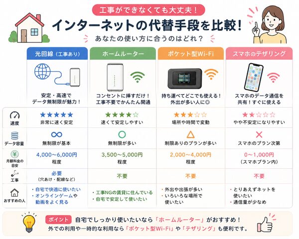 工事できない場合の代替手段比較図(光回線・ホームルーター・ポケット型Wi-Fi・テザリング)