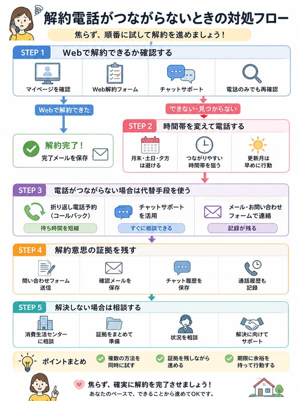 解約電話がつながらないときの対処フローチャート