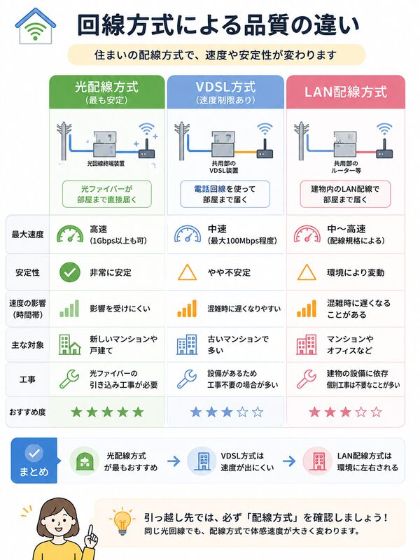 光配線・VDSL・LAN配線の違い比較図