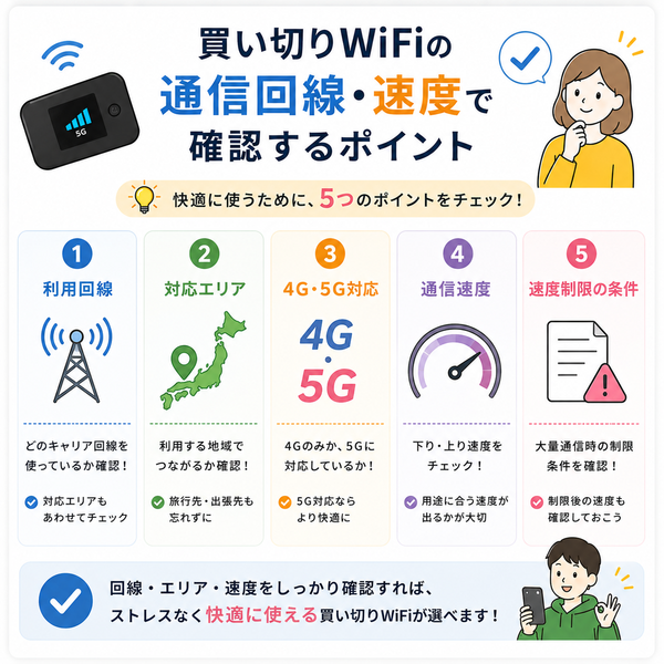 買い切りWiFiの通信回線・速度で確認するポイント