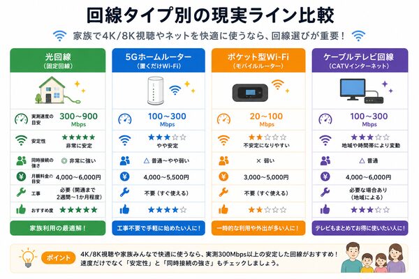 回線タイプ別の現実ライン比較(光回線・ホームルーター・ポケット型Wi-Fi・CATV)