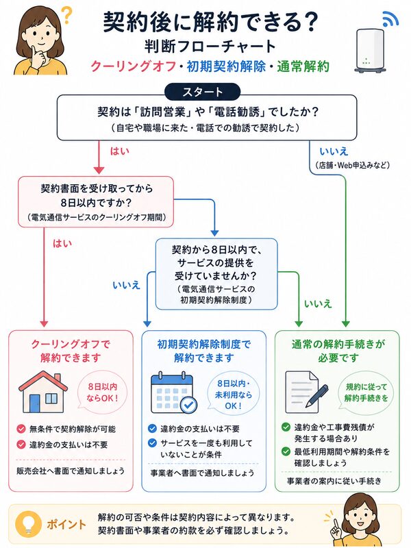 契約後に解約できる？判断フローチャート（クーリングオフ・初期契約解除・通常解約）