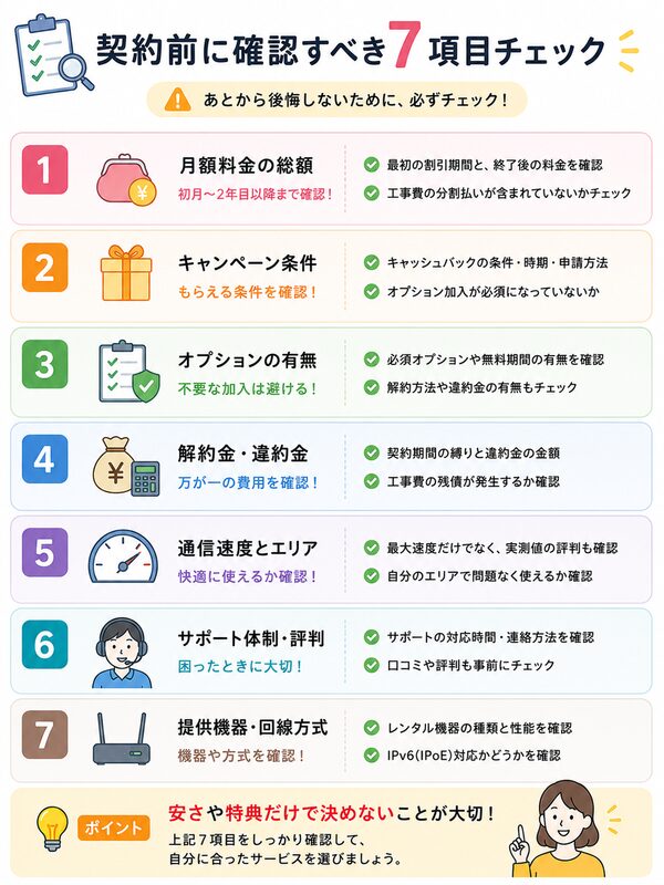 契約前に確認すべき7項目チェック図（料金・オプション・解約金・速度など）