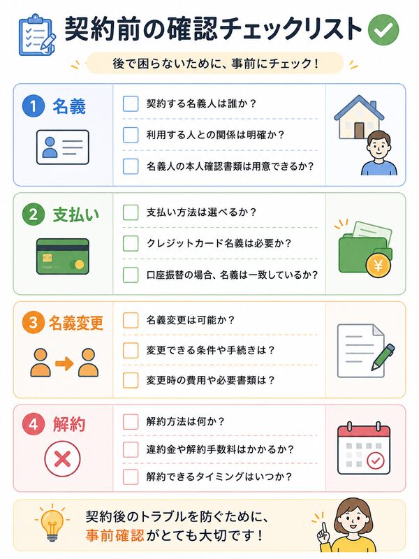 契約前の確認チェックリスト(名義・支払い・名義変更・解約)