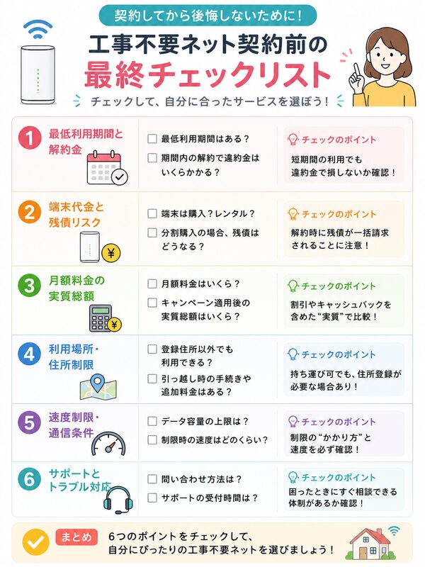 工事不要ネット契約前の最終チェックリスト(料金・端末残債・速度制限・住所制限)