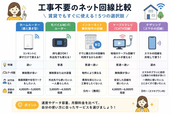 工事不要のネット回線比較(ホームルーター・モバイルWi-Fi・無料回線・CATV・テザリング)
