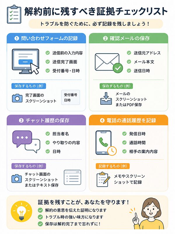 解約前に残すべき証拠チェックリスト(フォーム・メール・チャット・通話履歴)