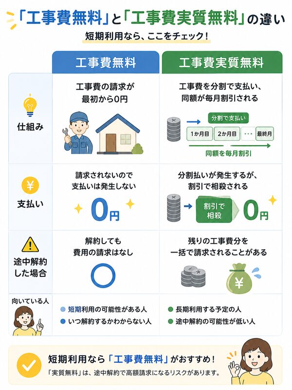 「工事費無料」と「工事費実質無料」の違い比較図