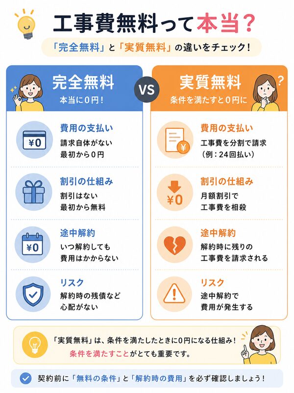 「完全無料」と「実質無料」の違い比較図
