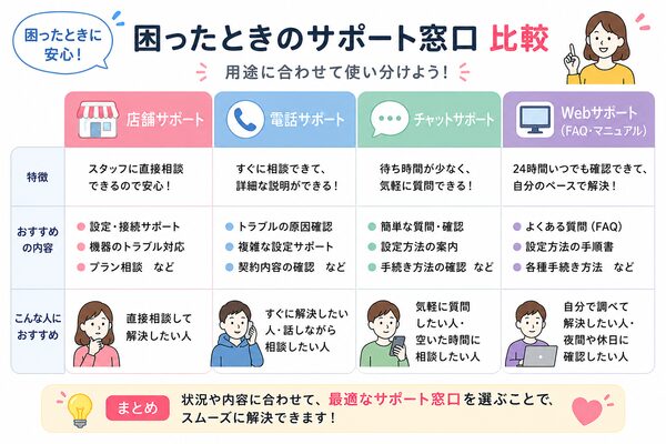 困ったときのサポート窓口比較図(店舗・電話・チャット・Web)