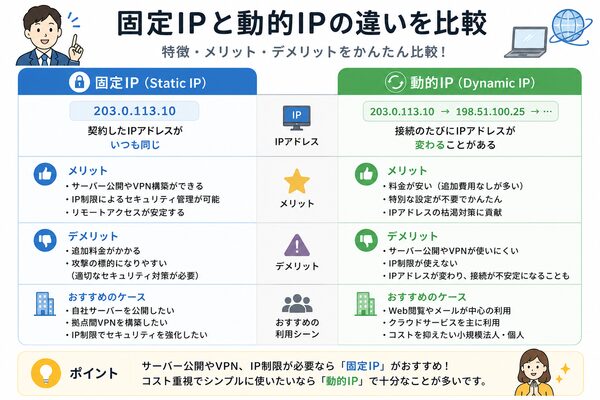 固定IPと動的IPの違い比較図(メリット・デメリット)