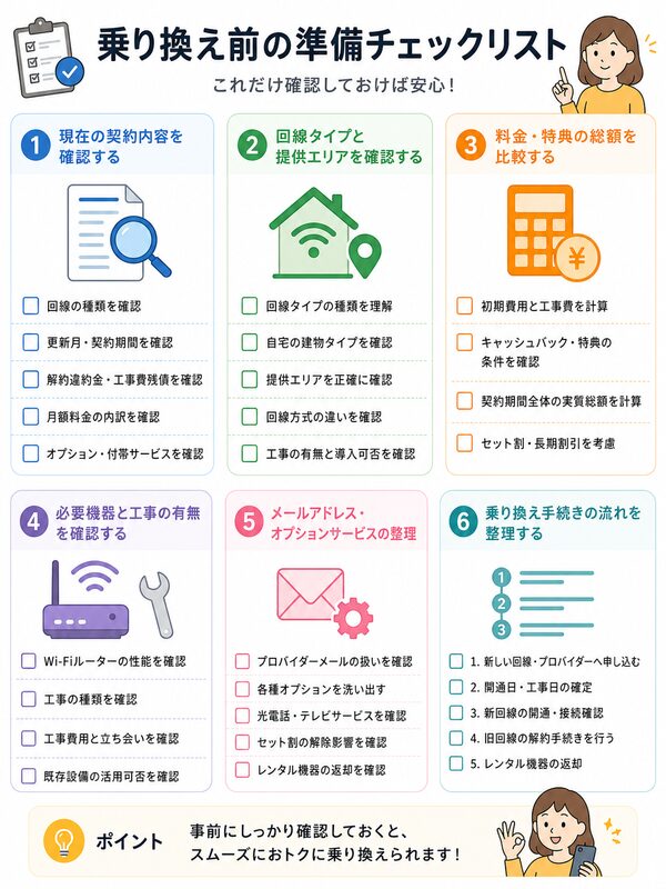 乗り換え前の準備チェックリスト(契約・料金・工事・メール・機器)
