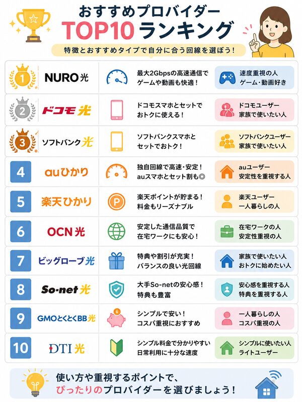 おすすめプロバイダーTOP10ランキング一覧(順位・特徴・おすすめタイプ)