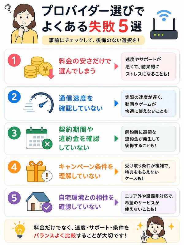 プロバイダー選びでよくある失敗5選(掲載位置:H2「4. プロバイダー選びでよくある失敗」)