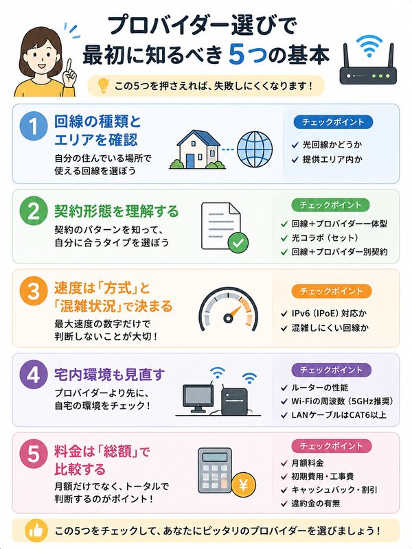 プロバイダー選びで最初に知るべき5つの基本(回線・契約・速度・宅内環境・総額)
