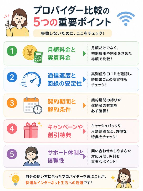 プロバイダー比較の5つの重要ポイント(料金・速度・契約・特典・サポート)