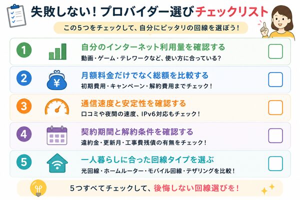 失敗しないプロバイダー選びチェックリスト(利用量・総額・速度・契約期間・回線タイプ)