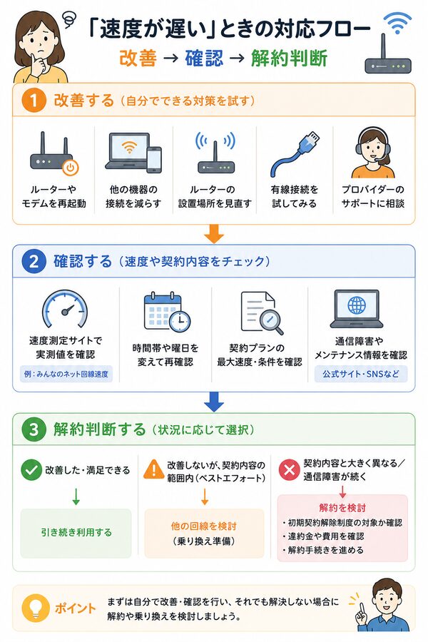 「速度が遅い」ときの対応フロー（改善→確認→解約判断）