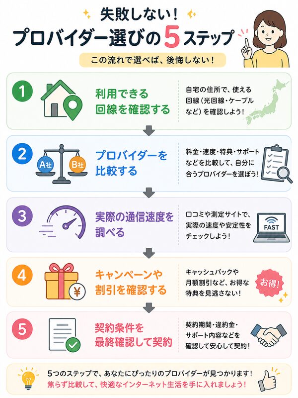 失敗しないプロバイダー選びの5ステップ(提供エリア確認→比較→速度調査→特典確認→契約)