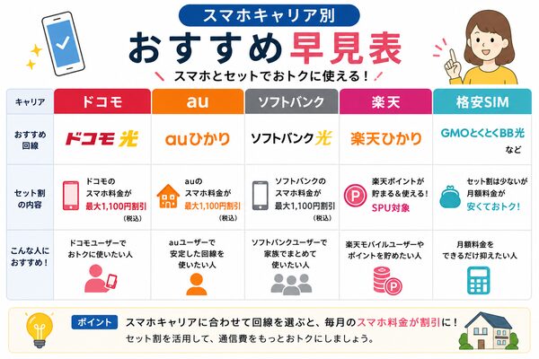 スマホキャリア別おすすめ早見表(ドコモ・au・ソフトバンク・楽天・格安SIM