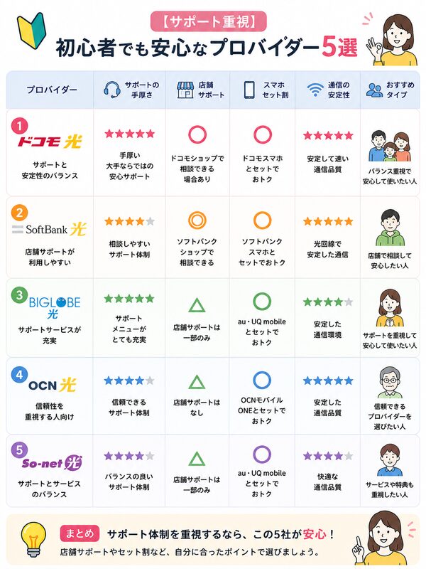 初心者向けプロバイダー5社比較表(サポート・店舗・セット割・おすすめタイプ)
