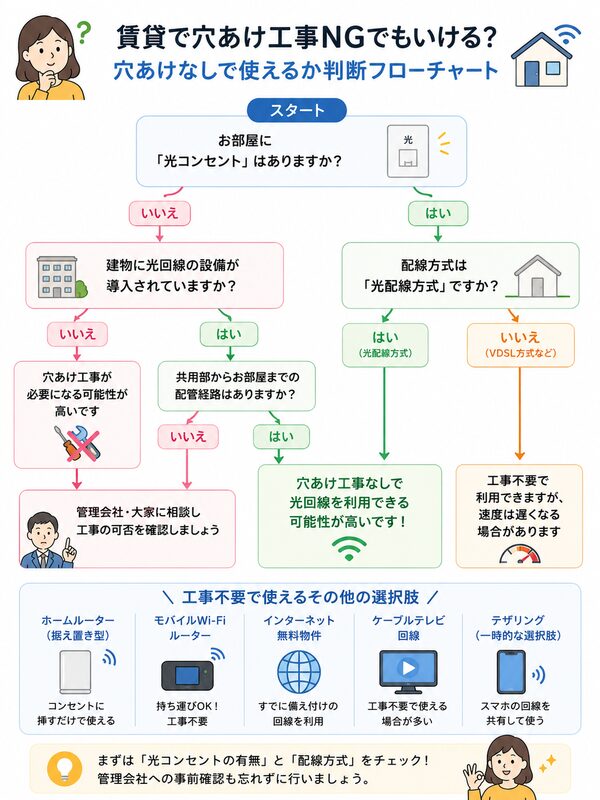 穴あけ工事なしで使えるかの判断フローチャート